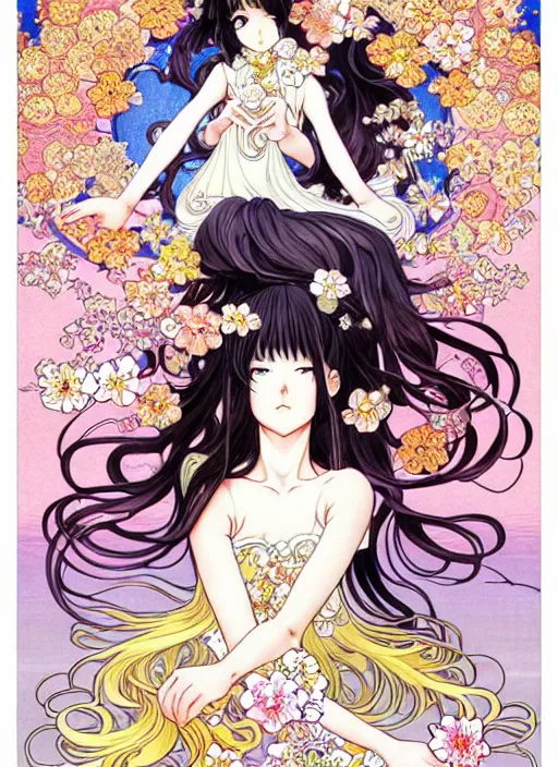 Image similar to exquisite imaginative manga poster art of cat girl, long wavy hair, flowers, rococo dress, pearlescent, shimmering, by kojima ayami, shigenori soejima, takeshi obata, alphonse mucha, jump comics, shogakukan, art nouveau, illustration, artstation, highly detailed, 8 k, colorful, maximalist