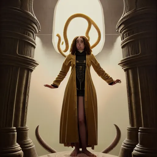 Image similar to hermione granger in latex robe as priestess of cthulhu, studio light, photoreal, by jaime jones, tom bagshaw, lawrence alma - tadema, greg rutkowski, deviantart contest winner, fantasy art, daz 3 d, intricate, elegant, highly detailed, 8 k, digital painting, concept art, sharp focus, illustration, golden ratio,