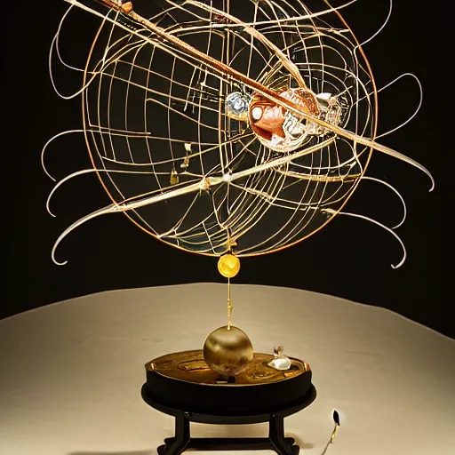 Prompt: a kinetic sculpture of this solar system, sun, orrery, canon 5 d 5 0 mm lens, papier - mache, studio, 1 9 2 8