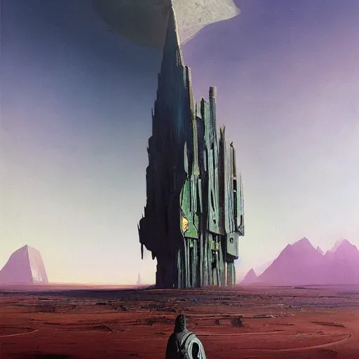 Image similar to a painting of a man standing in front of a giant monolith, poster art john berkey and simon stalenhag and gilbert williams, cgsociety, space art, lovecraftian, cosmic horror, poster art