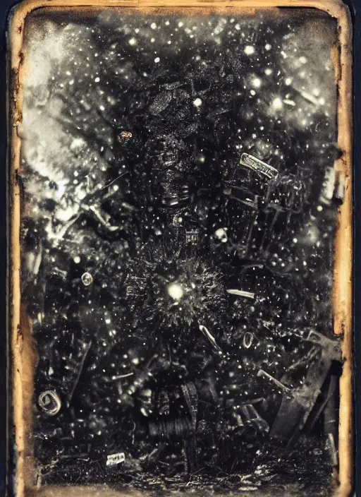 Image similar to old wetplate daguerreotype portrait of the imploding universe, explosion of data fragments, fractal, intricate, elegant, highly detailed, parallax, leica, medium format, subsurface scattering, by jheronimus bosch and greg rutkowski and louis jacques mande daguerre