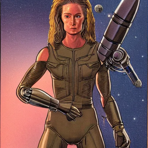 Prompt: a muscular bronze - skinned silver - eyed woman warrior wearing flight suit and kevlar vest, holding a ray gun, at spaceship airlock, highly detailed, ron cobb, alien 1 9 7 9, mike mignola, trending on art station, illustration, comic book
