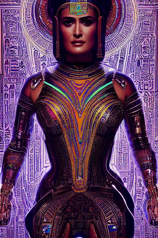 Image similar to Portrait of Salma Hayek as a tomb robot, intricate art deco leaf designs, elegant, highly detailed Egyptian patterns, hieroglyph, sharp focus, art by Artgerm and beeple