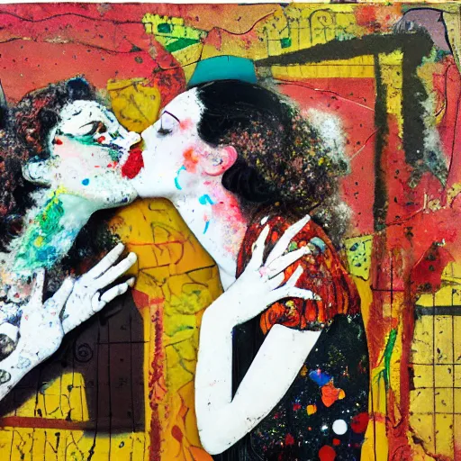 Prompt: two women kissing at a recursive carnival, mixed media collage, retro, paper collage, magazine collage, acrylic paint splatters, bauhaus, claymation, layered paper art, sapphic visual poetry expressing the utmost of desires by jackson pollock