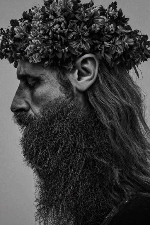 Image similar to a man's face in profile, long beard, made of flowers and fruit, in the style of the Dutch masters and Alec Soth, dark and moody
