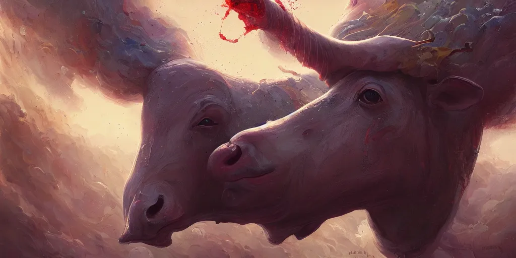 Image similar to sacred cow, ceremonial clouds, dripping paint, fibonacci rhythm, artstation, art germ, wlop, karol bak, christopher balaskas, ross tran