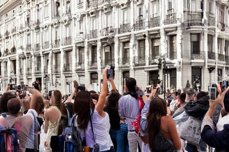 Prompt: a group of tourists taking picture of each corner in madrid