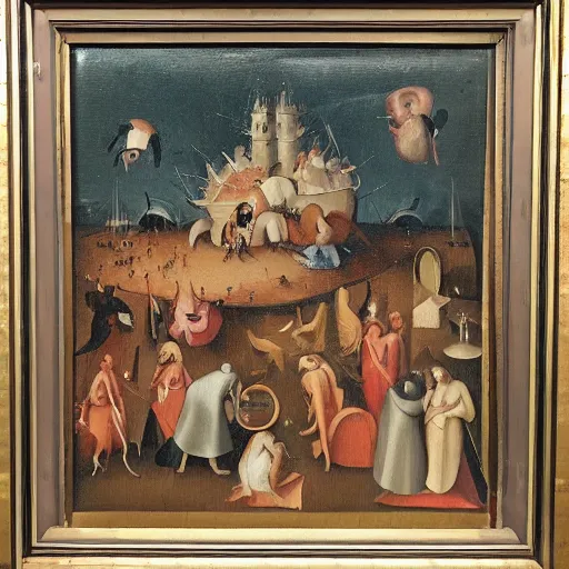 Prompt: 💩 in the style of Hieronymus Bosch, oil painting, framed