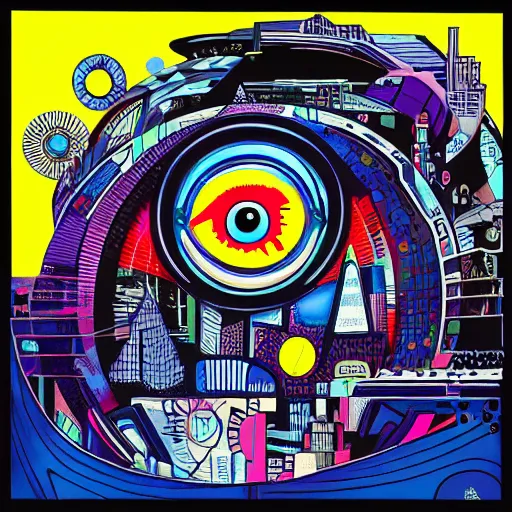 Image similar to a painting of an eye surrounded by various objects, cyberpunk art by lale westvind, behance contest winner, cubo - futurism, tesseract, biomorphic, psychedelic