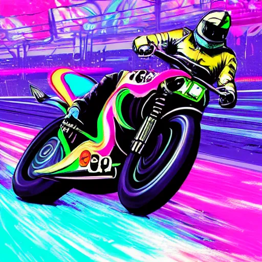 Image similar to psychedelic blacklight neon airbrush artwork, motorcycle, hyper stylized cinematic action shot of an orc racing on a motorcycle, motogp, menacing orc, drifting, skidding, popping a wheelie, clear focused details, soft airbrushed artwork, black background, post apocalypse, cgsociety, artstation, peter lloyd art, peter palombi art