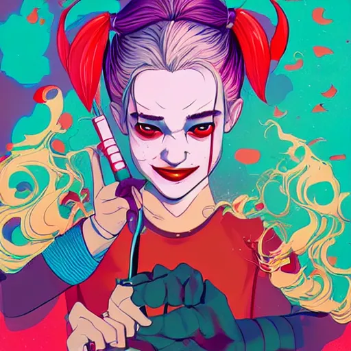 Image similar to julia garner as harley quinn, as delirium of the endless, the sandman, clean cel shaded vector art. shutterstock. behance hd by lois van baarle, artgerm, helen huang, by makoto shinkai and ilya kuvshinov, rossdraws, illustration