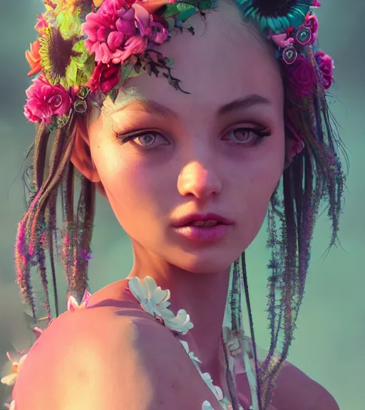 Prompt: very beautiful portrait of a flowerpunk girl, perfect face, fantasy, sharp focus, concept art, summer vibrancy, intricate detail, dynamic lighting, hyperrealistic, close - up, octane render, unreal engine 5, daz