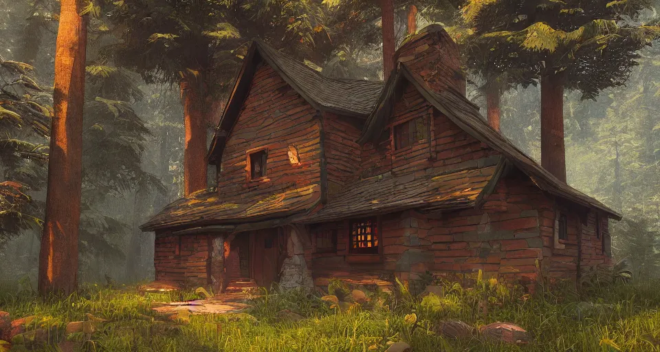 Image similar to a painting of a house in the middle of a forest, a low poly render by senior environment artist, featured on polycount, fantasy art, artstation hq, 2 d game art, rendered in unreal engine