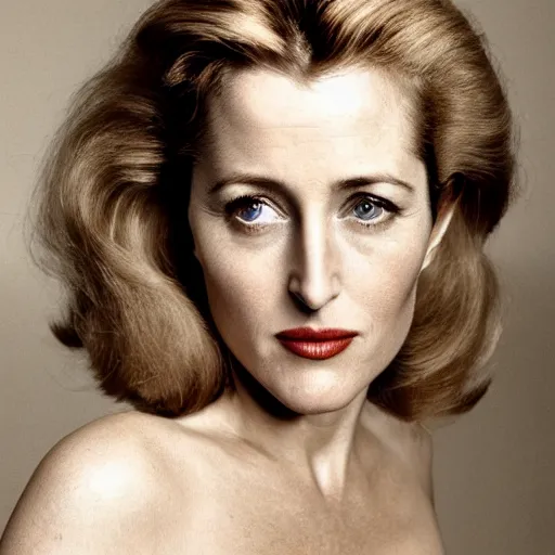 Image similar to photo of a gorgeous 30-year-old Gillian Anderson with a 1970s hairstyle by Mario Testino, detailed, head shot, award winning, Sony a7R -