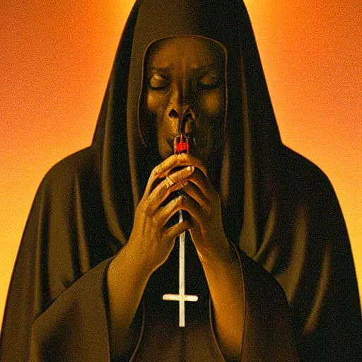 Image similar to a black nun smoking a joint and puffing lots of smoke, by Beksinski, lens flares, minimalistic background