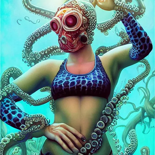 Image similar to lofi underwater victorian biopunk bikini portrait, octopus, Pixar style, by Tristan Eaton Stanley Artgerm and Tom Bagshaw.
