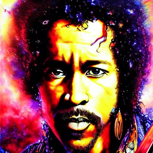 Image similar to uhd photorealistic portrait of ryan reynolds as jimi hendrix, by amano, ayami kojima, greg rutkowski, lisa frank, mark brooks, and karol bak, masterpiece, cinematic composition, dramatic pose, studio lighting, correct face, hyperdetailed, intricate details