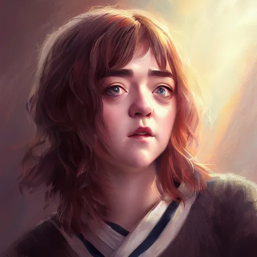 Image similar to realistic detailed semi-realism beautiful gorgeous natural cute excited happy Maisie Williams 4K high resolution quality artstyle professional artists WLOP, Aztodio, Taejune Kim, Guweiz, Pixiv, Instagram, Artstation