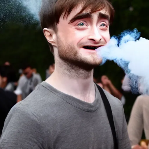 Prompt: daniel radcliffe exhaling a large puff of smoke from his custom gold laced bong