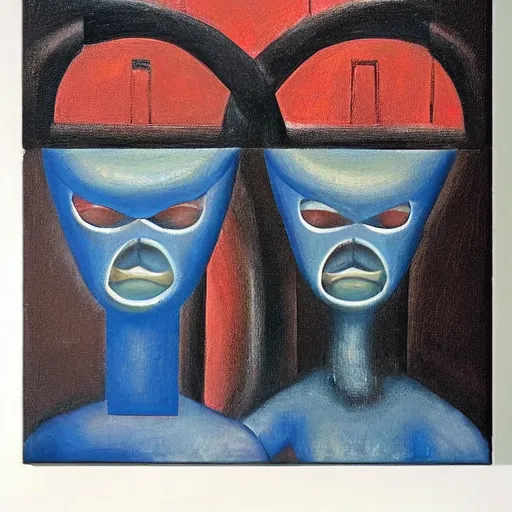 Prompt: Oil painting by Rufino Tamayo. Two mechanical gods with animal faces kissing. Oil painting by Lisa Yuskavage.