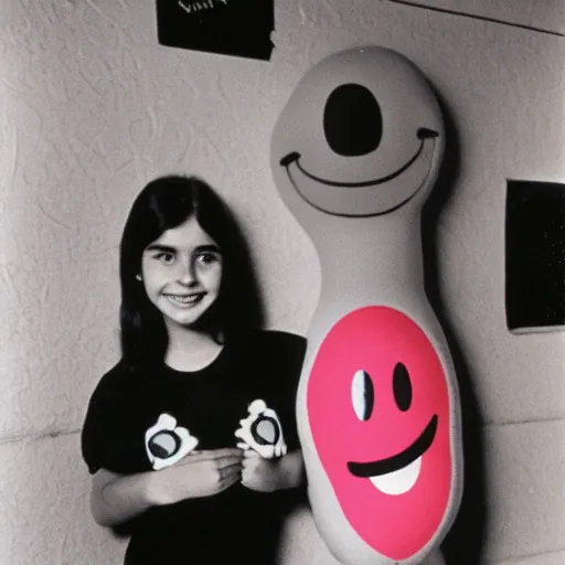 Prompt: teenage girl holds hands with smiley inflatable boyfriend at high school, 1978 color John Waters film, in school hallway, dirty walls, archival footage, technicolor film, 16mm, live action, Fellini, campy