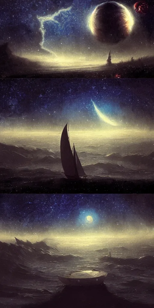 Image similar to matte painting. it's the way of a cosmic sailor, in a boat in the night, but the wolves are not scaring him, starry night, glow, beautiful milkyway, scary, sifi, deep space, dark cyberpunk