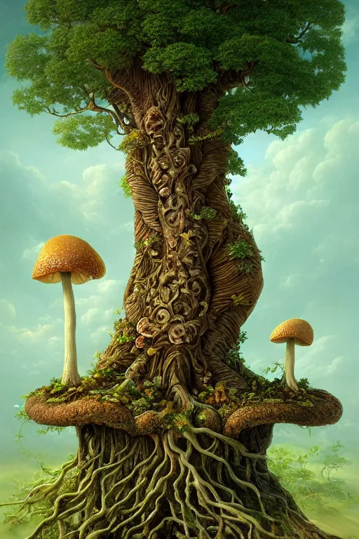 Image similar to a beautiful digital illustration painting of a detailed fantasy tree trunk and roots, mushroom, flowers by benoit b. mandelbrot, steven belledin, martin johnson heade, lee madgwick, caspar david friedrich, and david rios ferreira. 8 k resolution trending on artstation concept art digital illustration