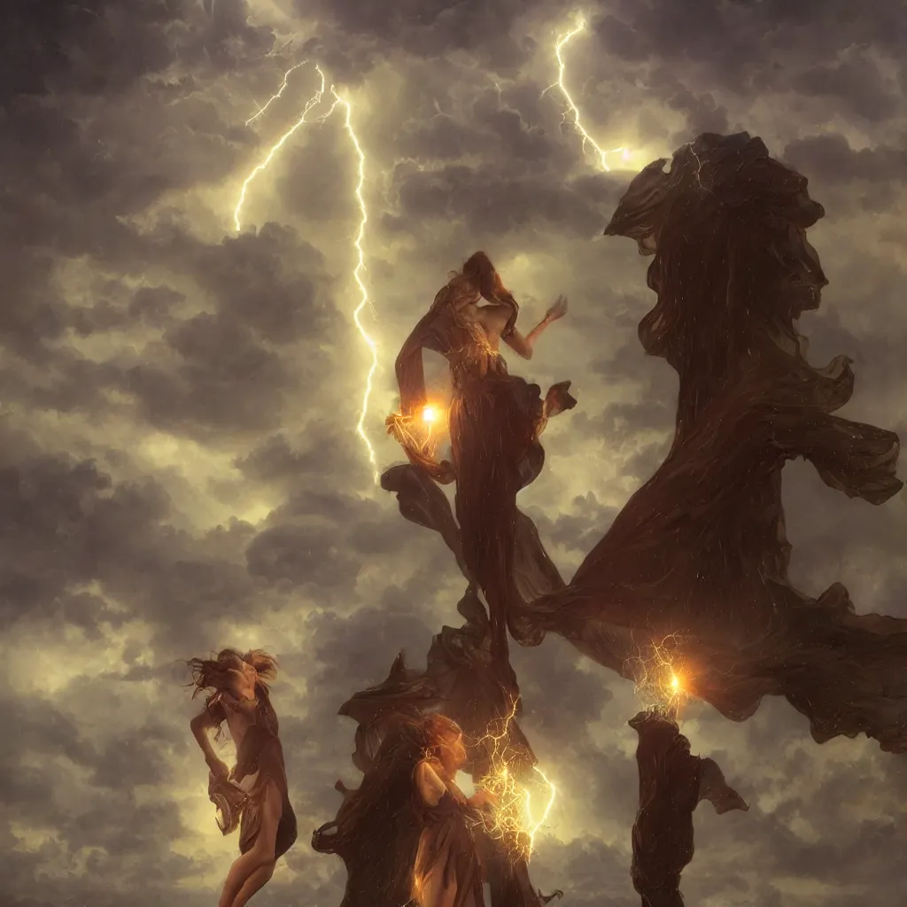 Image similar to huge towering magical lightning storm, extreme drama, distant glowing figures, hdr, movie still, fully photorealistic, sharp luminescent focus, nd 6, art by john collier, albert aublet, krenz cushart, artem demura, alphonse mucha, diffuse lighting, artstation, smooth, textless, sharp focus,