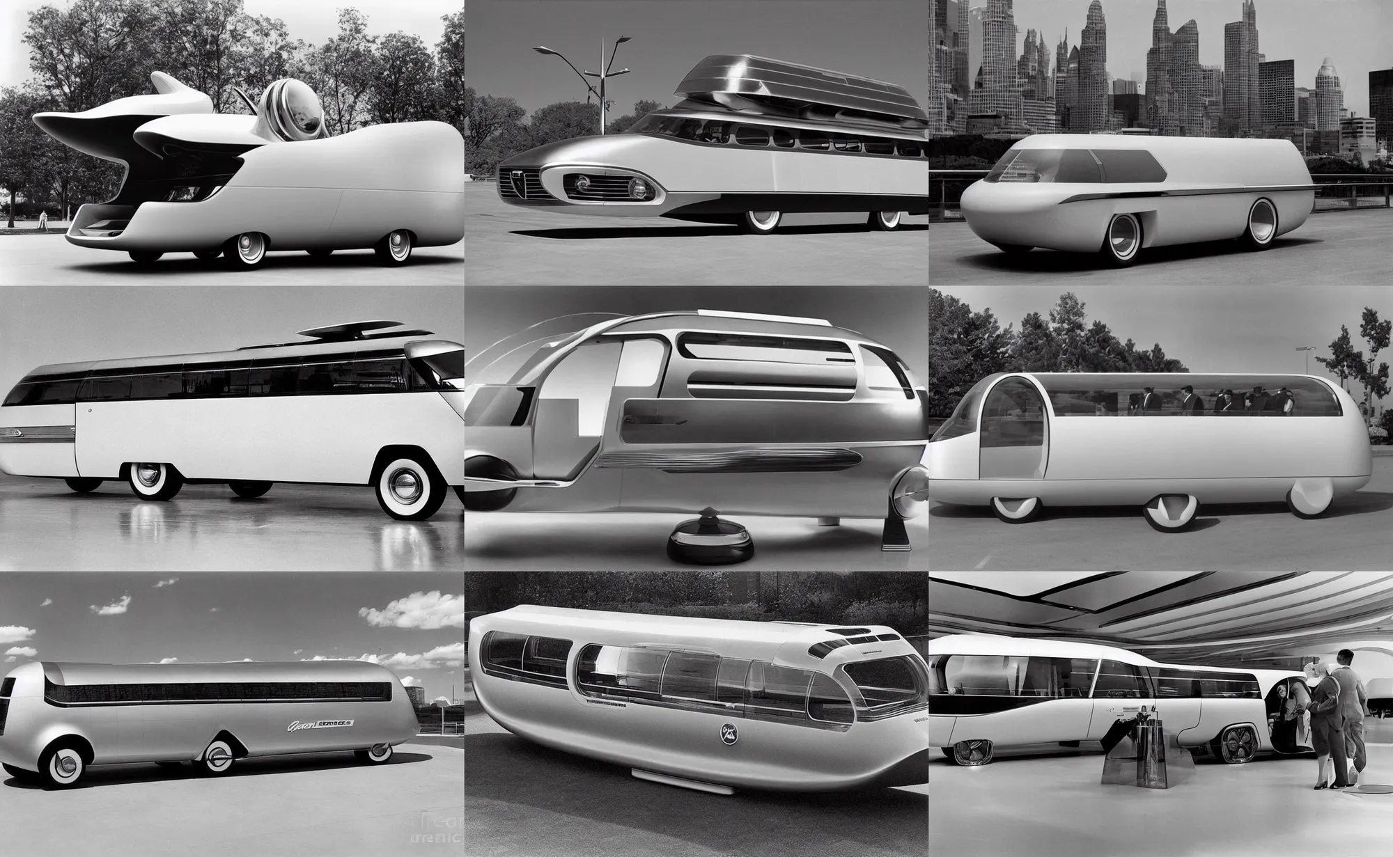 Prompt: retrofuturistic general motors van of the future inspired by streamlined spaceship design, designed by Gordon Buehrig, 1960s american world's fair, press photograph