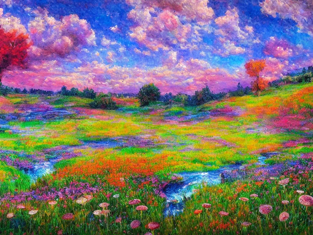 Image similar to an impressionist painting of a gorgeous meadow filled with colorful mushrooms with a stream flowing through it, psychedelic colors, colorful sky in background, high detail, trending on artstation