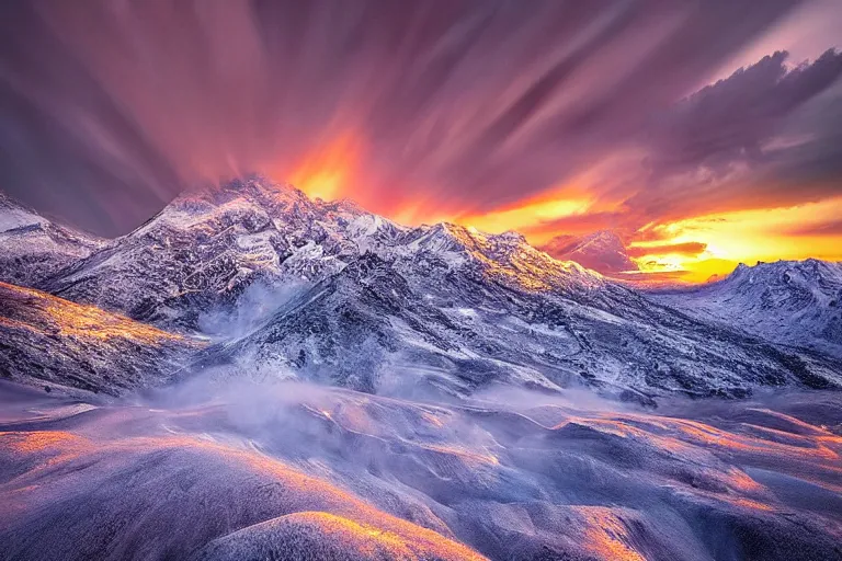 Image similar to amazing landscape photo of explosion in snowy mountains at sunset by marc adamus beautiful dramatic lighting