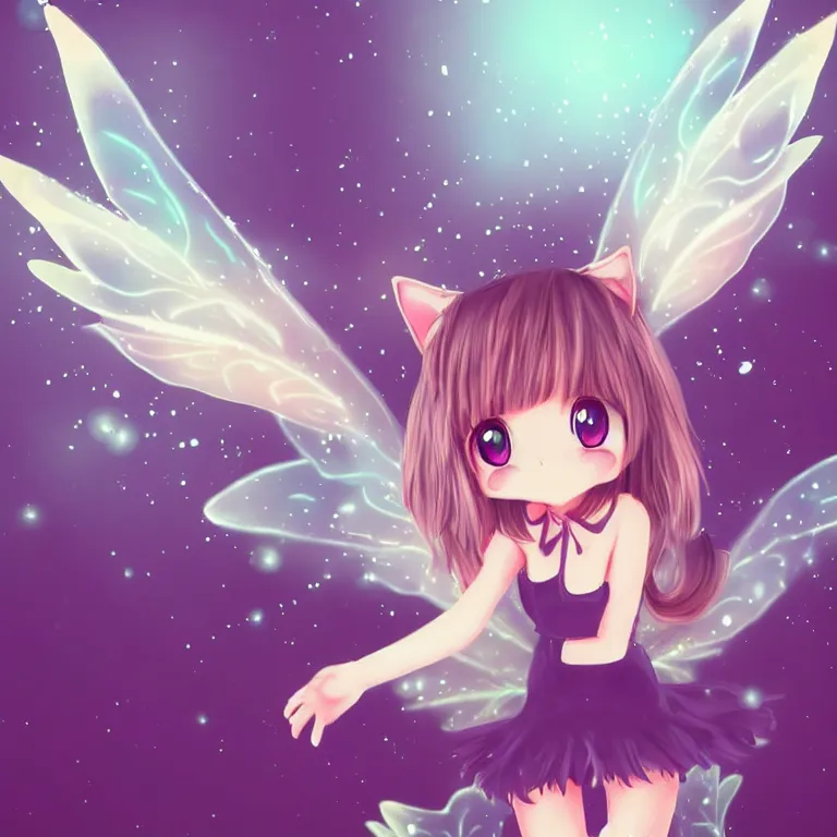 Image similar to cute, full body, female, anime style, a cat girl with fairy wings, large eyes, beautiful lighting, sharp focus, simple background, creative, heart effects, filters applied, illustration