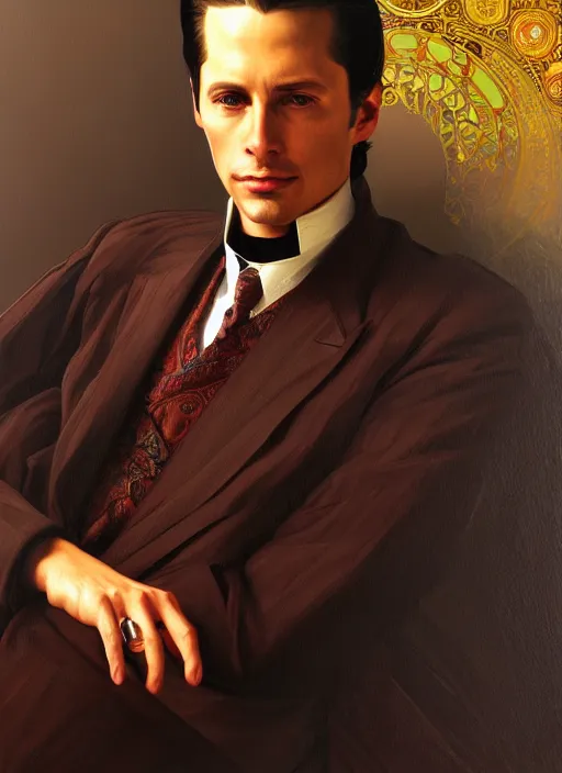 Image similar to oil portrait of miles edgeworth, intricate, elegant, highly detailed, lighting, painting, artstation, smooth, illustration, art by greg rutowski and alphonse mucha