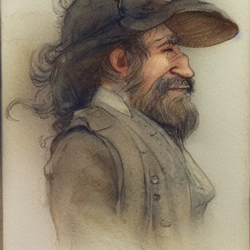 Image similar to portrait of a character standing and facing front looking strait ahead with a muted color watercolor sketch of story book character ifrom the book Baltimore & Redingote by Jean-Baptiste Monge of an old man in the style of by Jean-Baptiste Monge that looks like its by Jean-Baptiste Monge and refencing Jean-Baptiste Monge