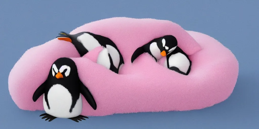 Image similar to realistic penguin sitting in a pink fluffy bed, hyper detailed, trending on artstation