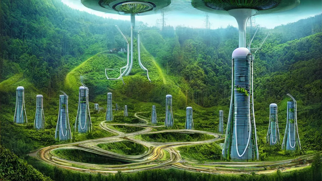 Image similar to Clean, Cheap Abundant,Nuclear Energy Future, Forest in Harmony with Nature; Location: Quito, Ecuador; by Vincent Callebaut; by Simon Stålenhag; retro-futuristic ; retro natural-futurism;