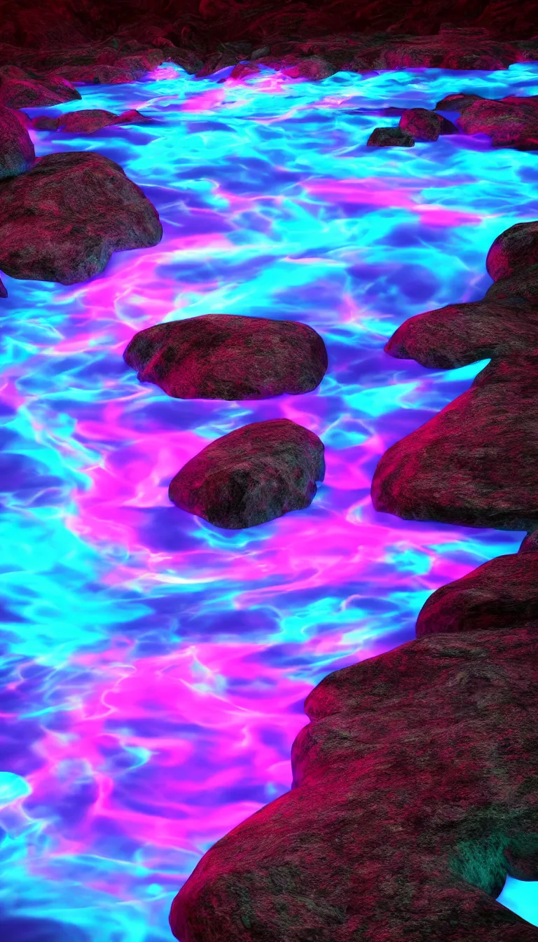 Prompt: dslr hd photo of glowing neon colored river flowing between mountain range, surrealism art style, octane render, hyper realistic