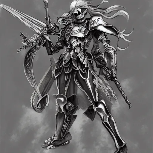 Prompt: skeleton, paladin, scythe, plate armor, concept art, makoto shinkai, highly detailed, ayami kojima