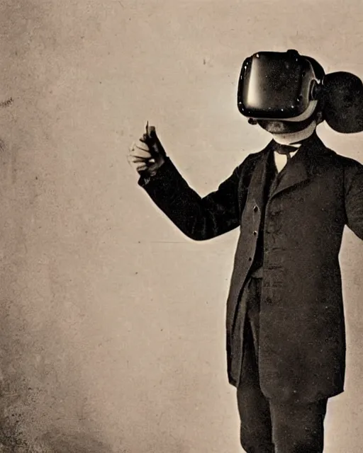 Image similar to 1 8 0 0 s photo of a person wearing a vr virtual reality headset