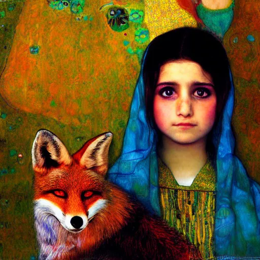 Prompt: painting of vivid colors iraqi girl child with a pet fox gustav klimt wallpaper by android jones detailed matte painting 8 k