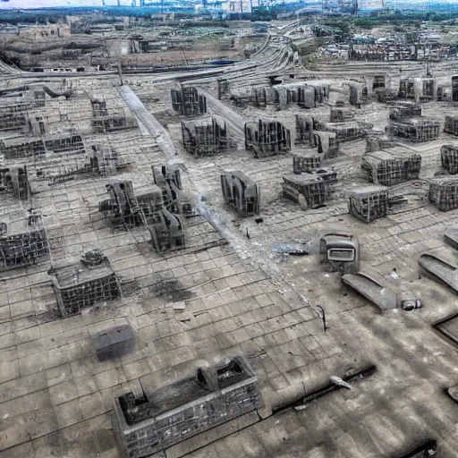 Prompt: brutalist city, prison city, totalitarian prison island, spotlights, military buildings, drones, high walls, dystopian city, prison complex, colorized 8 mm photo