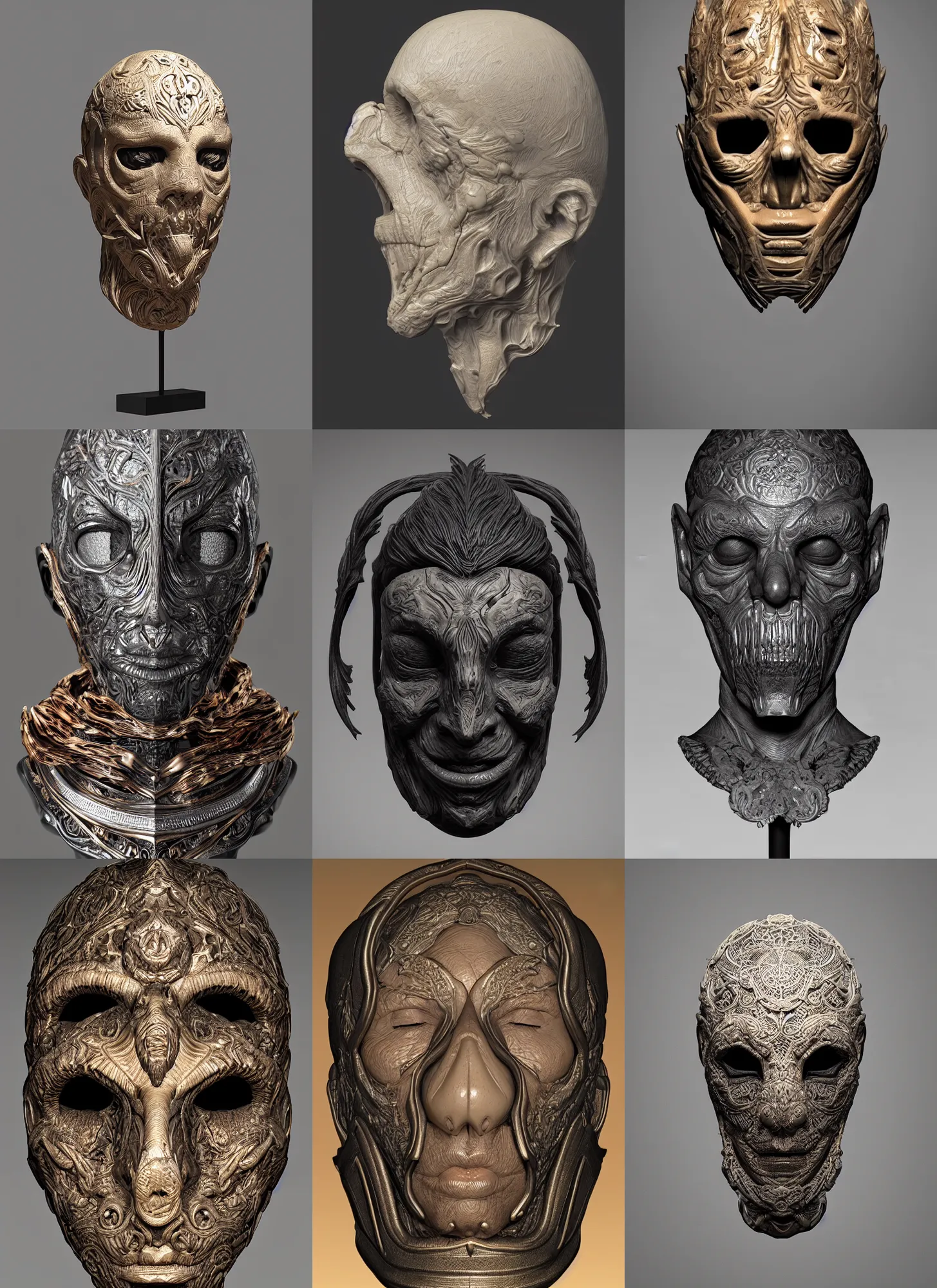 Prompt: intricate death mask carved from ivory and black resin and copper, elaborate highly detailed design, sculpted in zbrush, octane render, substance painter materials, unreal engine 5 nanite, 8 k, cgsociety, artstation