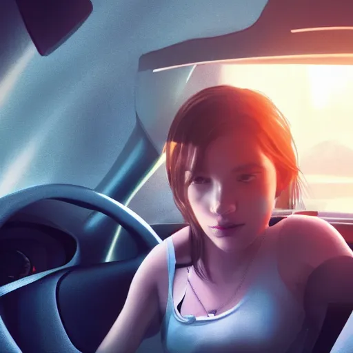 Prompt: portrait of girl in car, 8 k uhd, unreal engine, octane render in the artstyle of finnian macmanus, john park and greg rutkowski