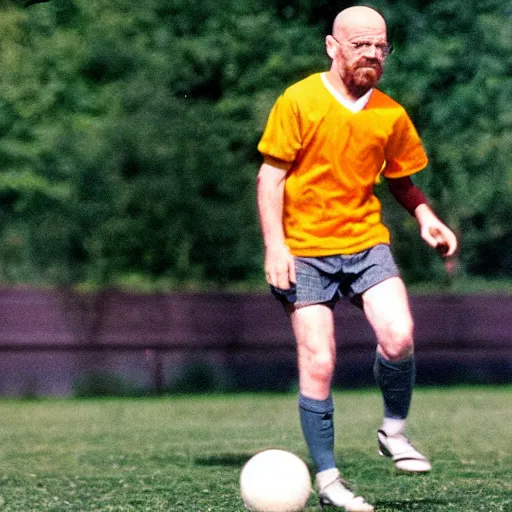 Image similar to walter white playing football soccer, sport photography