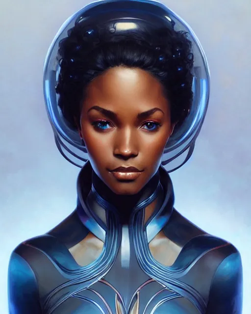 Image similar to Portrait of very very very very very very beautiful black woman, spacesuit, blue eyes, real life skin, intricate, elegant, highly detailed, artstation, concept art, smooth, sharp focus, art by artgerm and greg rutkowski and alphonse mucha