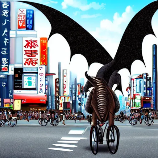 Image similar to a digital painting of a real dragon is riding a bike in the streets of Tokyo
