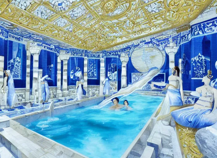 Image similar to modern chic futuristic royal blue and white onsen (Japanese bath house) with gold intricate details at Pamukkale, thermal waters flowing down white travertine terraces, dozen beautiful women wearing sweet dresses, ethereal anf dreamy, intricate, elegant, luxurious, digital painting, concept art, smooth, sharp focus, from Star Trek 2021, illustration, by WLOP and Ruan Jia and Mandy Jurgens and William-Adolphe Bouguereau, Artgerm