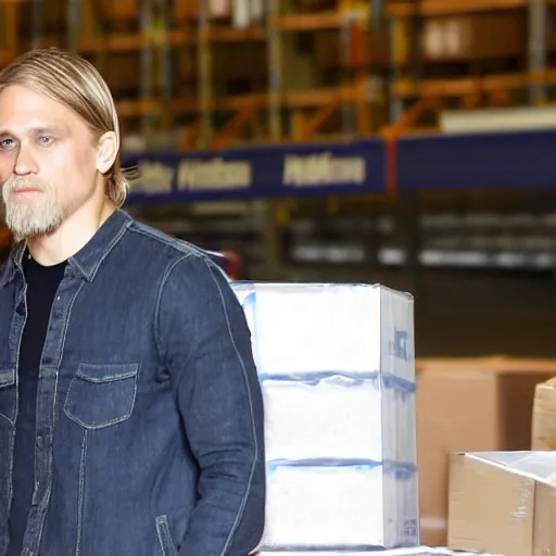 Image similar to charlie hunnam working in a fedex warehouse