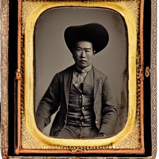 Prompt: Asian man with comically large cowboy hat daguerreotype