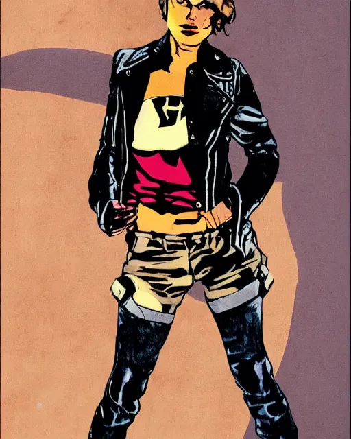 Image similar to young female protagonist in leather jacket, city street, artwork by frank miller